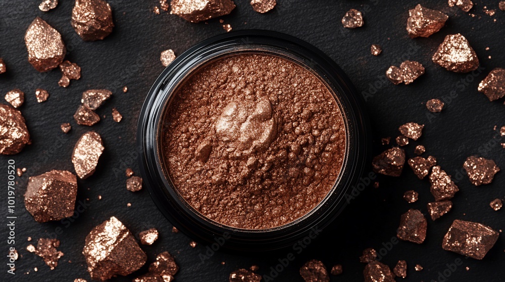 A black container with a brown powder, surrounded by gold nuggets on a black background. A black container with a brown powder, surrounded by gold nuggets on a black background.