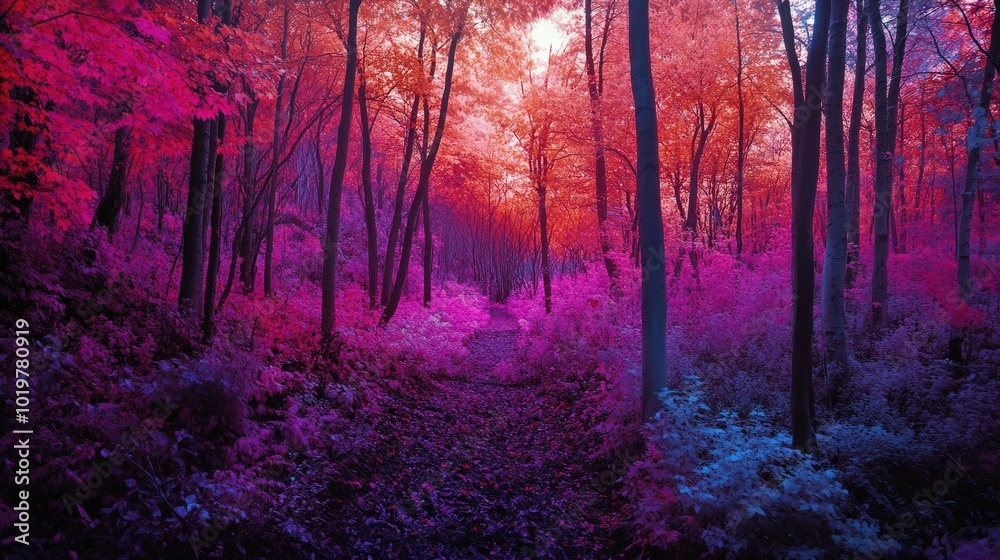 Fototapeta premium An infrared panoramic view of a forest in autumn, where the foliage glows in deep magentas and purples, creating a vibrant and surreal landscape bathed in soft, otherworldly light