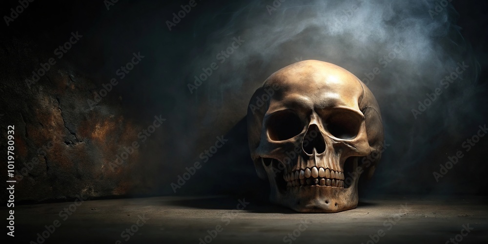 Asymmetrical skull emerging from shadows in light painting Asymmetrical skull emerging from shadows in light painting
