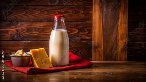 Wooden table with bottle of milk and cheese , wooden, table, bottle, milk, cheese, dairy, food, organic, rustic, farm photo