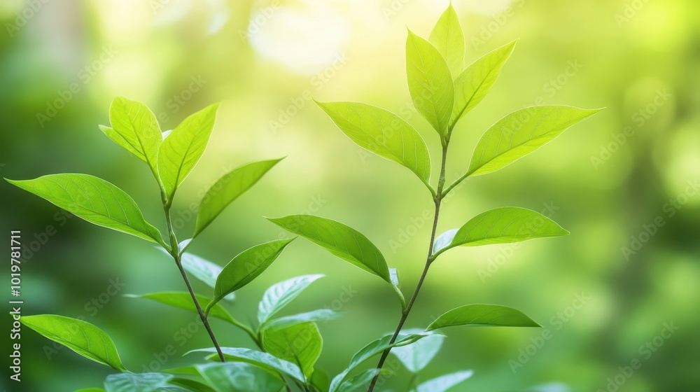 Green leaves on a slender plant branch with soft bokeh light in the background, evoking the concepts of growth, nature, and tranquility. Green leaves on a slender plant branch with soft bokeh light in the background, evoking the concepts of growth, nature, and tranquility.