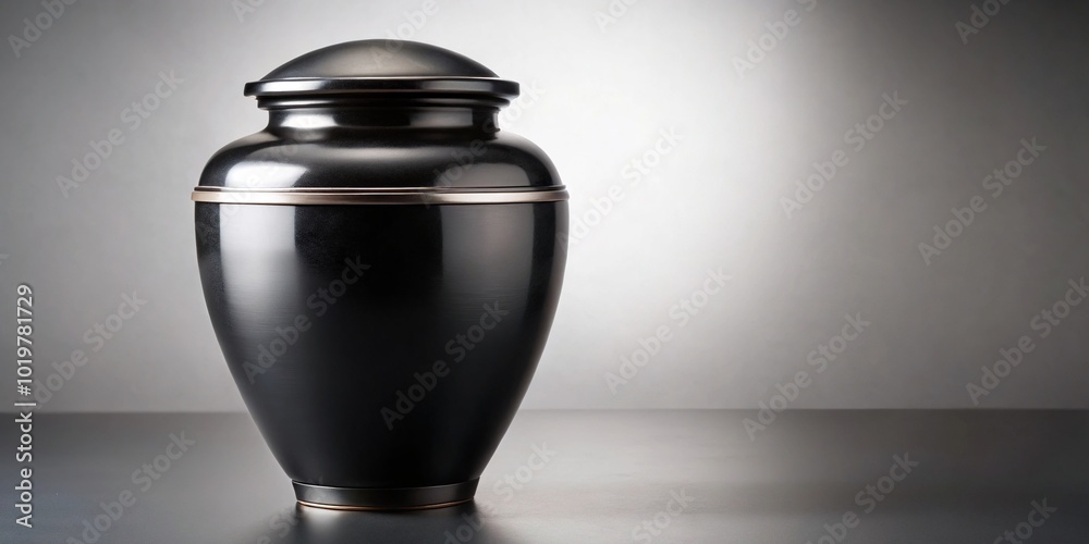 Black memorial urn with cremated remains displayed at a funeral Black memorial urn with cremated remains displayed at a funeral