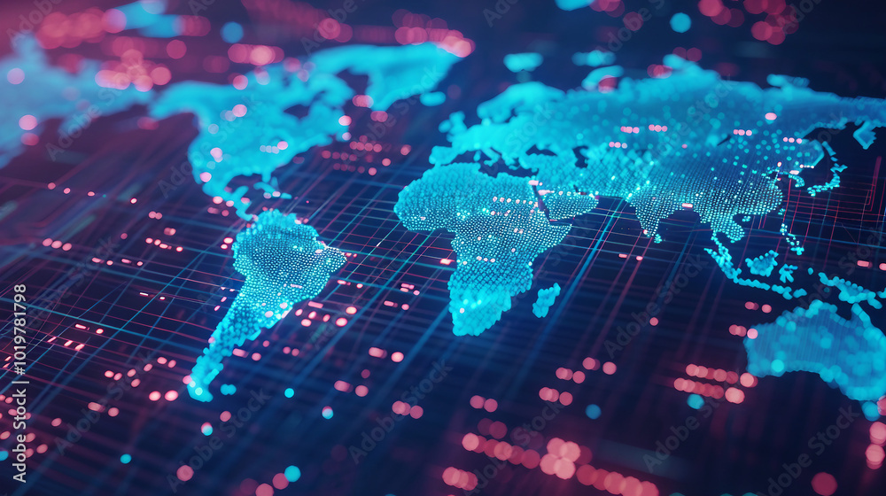 Explore the intricate details of a digital world map hologram set against a captivating blue background, showcasing the evolution of global connectivity and the endless possibilities of technology. Explore the intricate details of a digital world map hologram set against a captivating blue background, showcasing the evolution of global connectivity and the endless possibilities of technology.