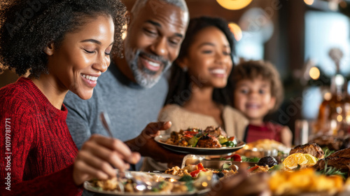 Close-up of a family serving themselves from a buffet-style Christmas dinner, with everyone enjoying homemade holiday dishes