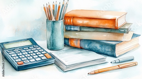 Watercolor illustration of a calculator, pencils, books, notepad, and pen on a white background.
