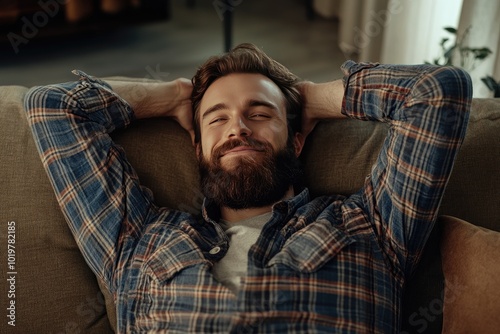 A Man Relaxing On a Couch With His Hands Behind His Head