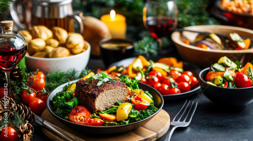 A vegan Christmas dinner table featuring plant-based dishes like nut roast, roasted vegetables, and a colorful salad