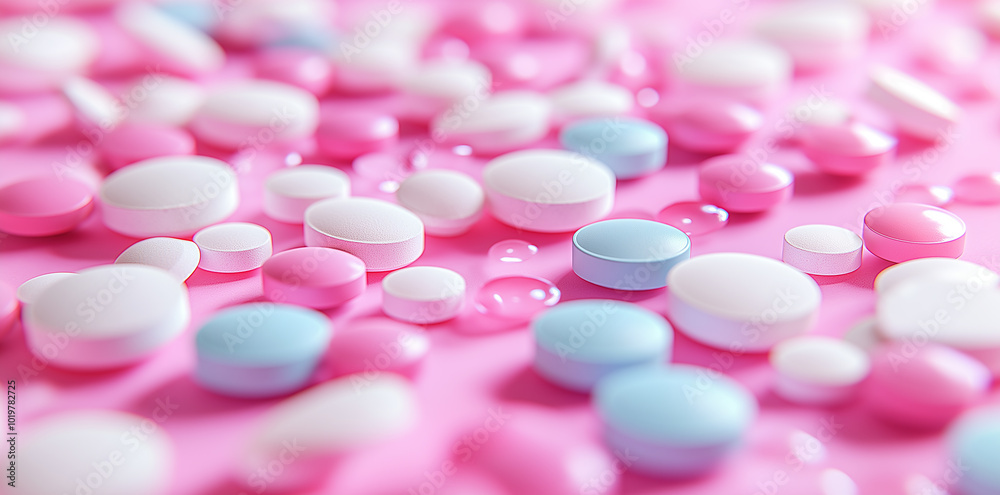 Minimalistic Pastel Pills on Soft Pink Background, A delicate arrangement of pastel-colored pills and capsules, primarily pink, white, and blue, scattered across a soft pink background Minimalistic Pastel Pills on Soft Pink Background, A delicate arrangement of pastel-colored pills and capsules, primarily pink, white, and blue, scattered across a soft pink background