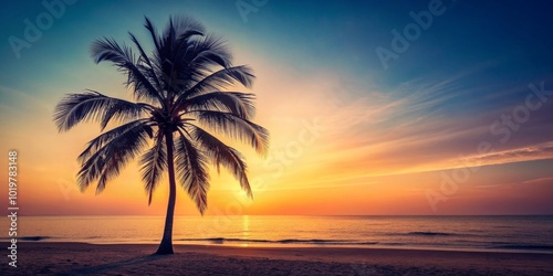 Silhouette of palm tree on beach with retro tone background, summer, vacation, tropical, palm tree, sun, sand, beach