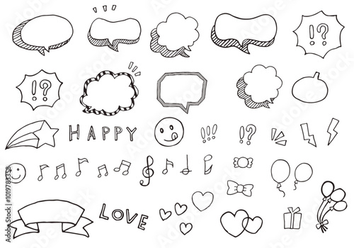 Pop illustrations of various speech bubbles and musical notes drawn with a pen. (black and white)