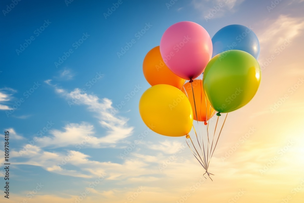 Obraz premium Colorful Balloons Floating in the Sunny Sky