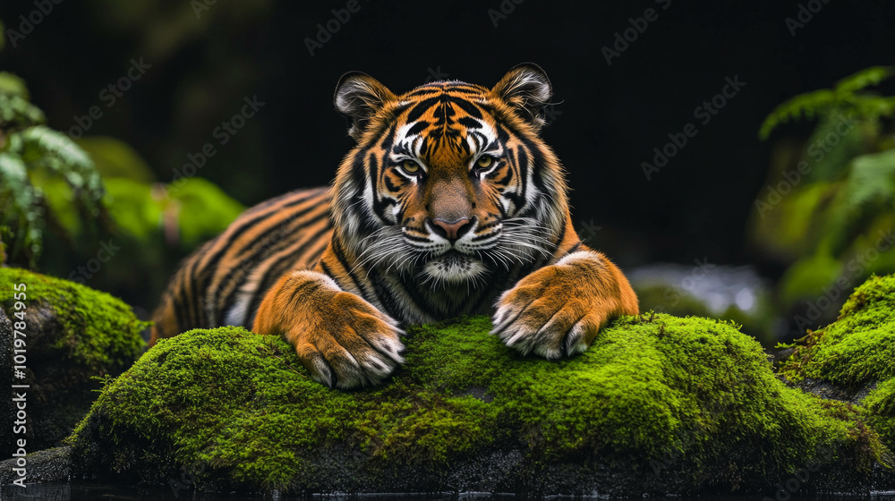 Panoramic photograph of a tiger in nature, taken with a Canon R5, AI generative.. Panoramic photograph of a tiger in nature, taken with a Canon R5, AI generative..
