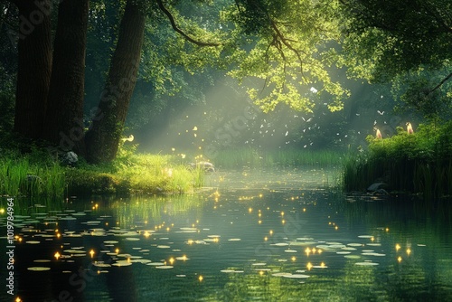 A serene enchanted forest clearing with a tranquil pond, the water glowing softly with ethereal light, while magical creatures like fairies dance in the air and the trees whisper ancient secrets