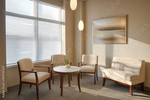 Beige Room White  Chairs  Minimal Lamps  Table  and Large Window photo