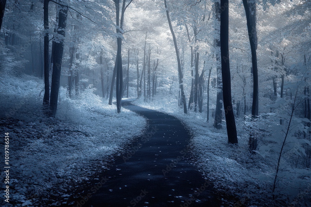 A peaceful infrared photograph of a forest trail, where the leaves of the trees have a bright white glow, and the path is a dark, moody shade, leading into an almost mystical world A peaceful infrared photograph of a forest trail, where the leaves of the trees have a bright white glow, and the path is a dark, moody shade, leading into an almost mystical world