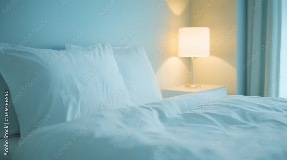 Minimalist bedroom with white bedding, bedside table, and soft lamp light. Concept of modern living and simplicity. Minimalist bedroom with white bedding, bedside table, and soft lamp light. Concept of modern living and simplicity.