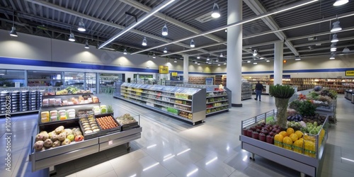 Modern interior of a LIDL supermarket , retail, groceries, aisles, shelves, shopping, store, interior design photo