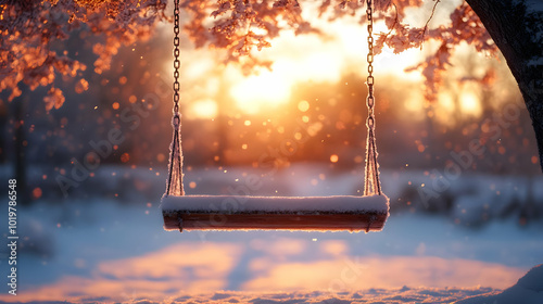 Snowy Swing Set At Sunset Illustration