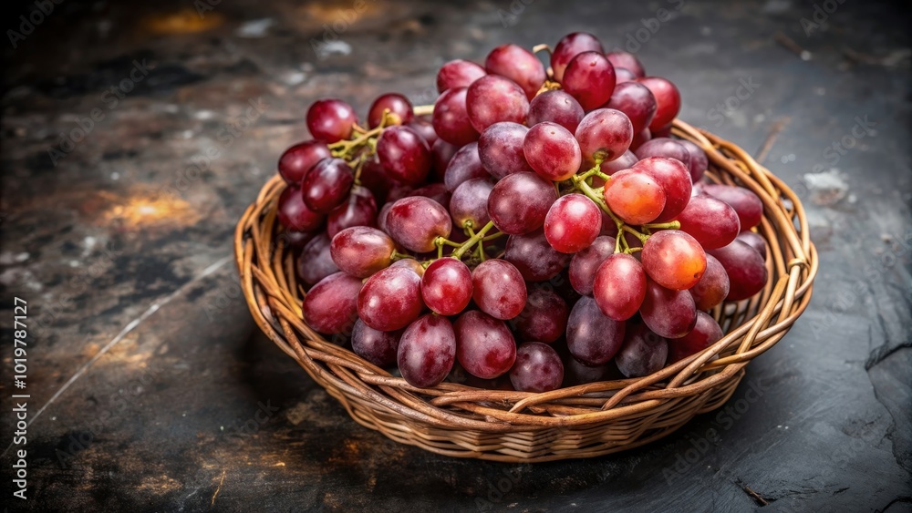 Red grapes arranged neatly in a rustic wicker basket , fruit, food, healthy, fresh, organic, harvest, basket, red, juicy Red grapes arranged neatly in a rustic wicker basket , fruit, food, healthy, fresh, organic, harvest, basket, red, juicy