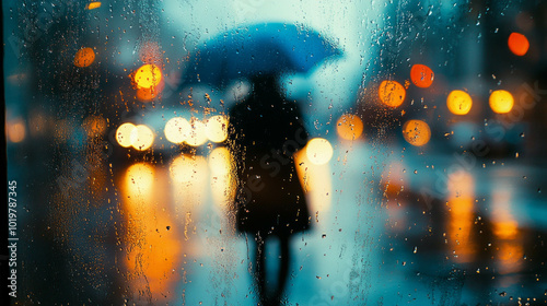 Blue umbrella figure through rain-covered window in urban scene AI generative.. photo