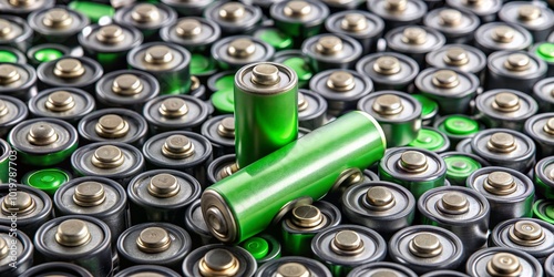 Recycled green battery standing out amongst black used batteries, eco-friendly, renewable, sustainable