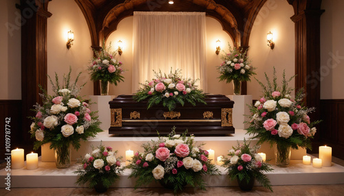 Funeral setting with casket and floral arrangements, somber mood, respectful atmosphere, indoor venue