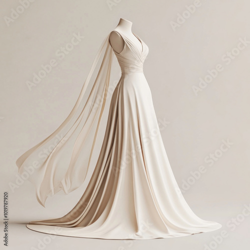 White wedding dress with long train and draped back on display in a bridal boutique.