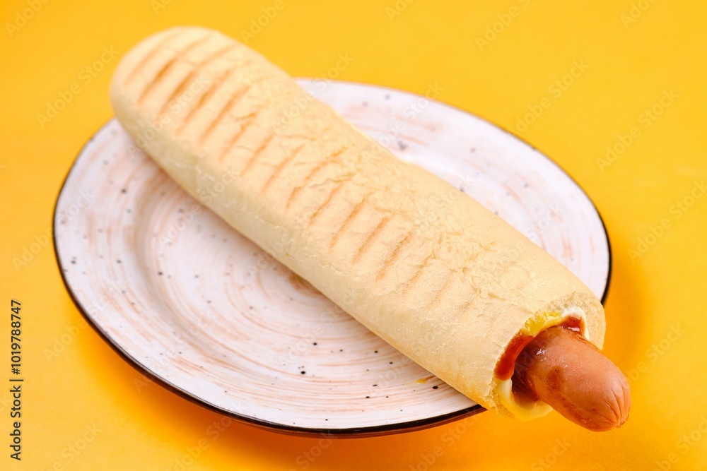 Hot Dog on a Plate on a Yellow Background Hot Dog on a Plate on a Yellow Background