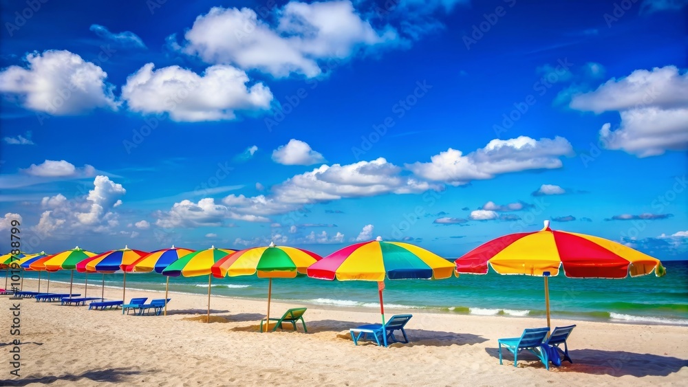 Fototapeta premium Beautiful beach with colorful umbrellas providing shade on a sunny day, beach, beautiful, tropical, vacation, relaxation, sea