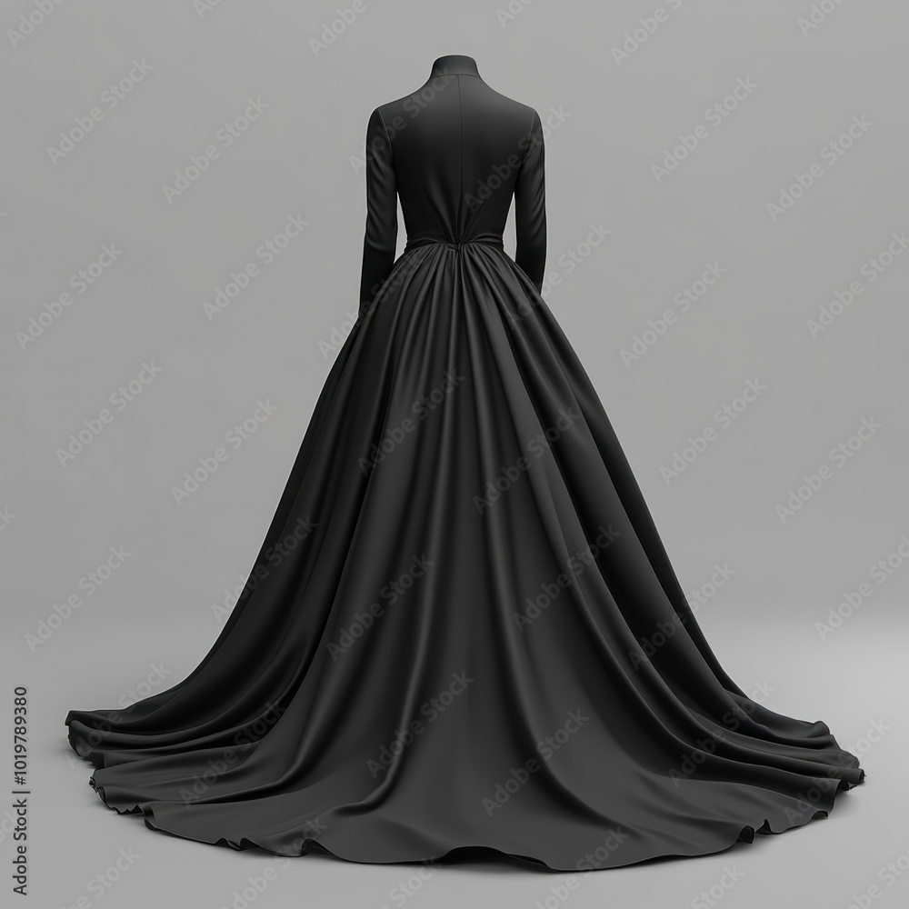 Naklejka premium Black long sleeved dress with back bow detail, hanging on a rustic wooden door - elegant and chic ensemble against a textured background.