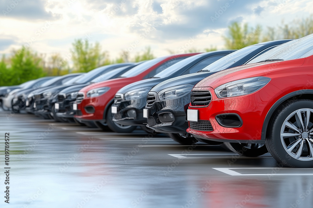 Fototapeta premium A row of cars are parked in a lot, with the red car being the most prominent