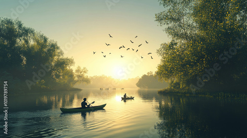 Realistic image of a calm river with competitors and wildlife, AI generative..