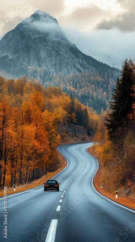 Car driving on an autumn road surrounded by vibrant colors, AI generative.. photo