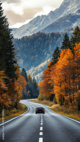 Beautiful mountain road landscape showcasing autumn foliage, AI generative.. photo