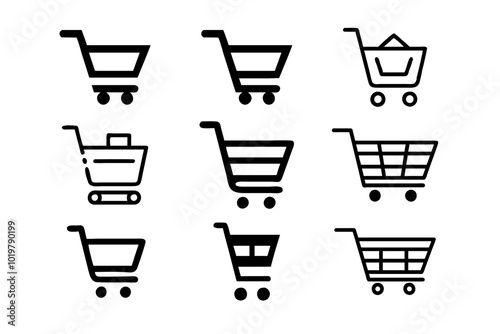 Shopping cart icon set. Black Icons isolated on a White Background.