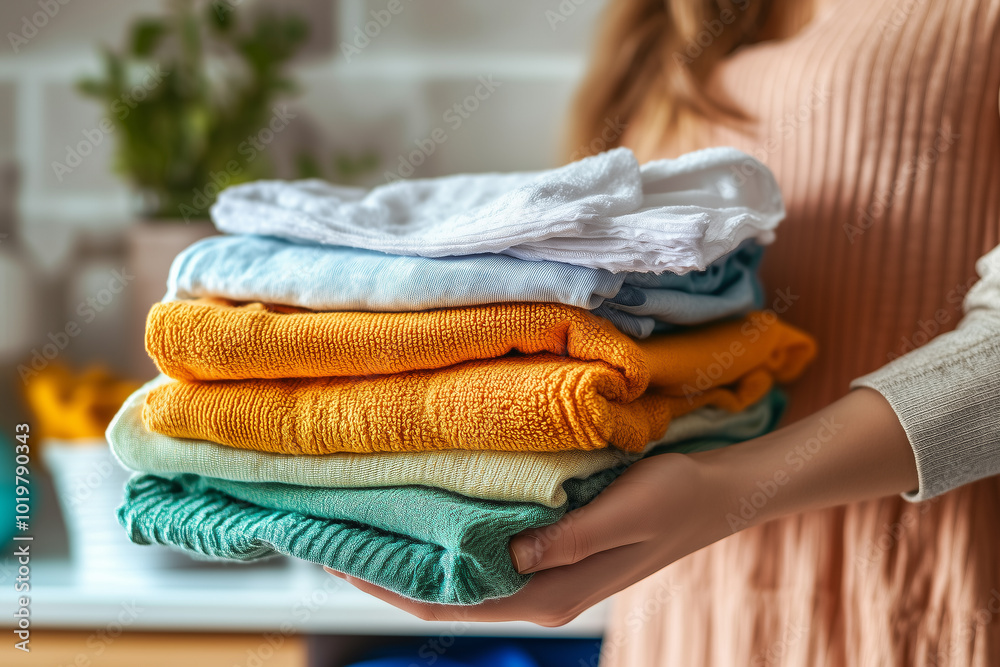 A woman is holding a stack of towels, including a yellow one A woman is holding a stack of towels, including a yellow one