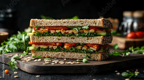 Modern vegan bakery showcasing fresh wheat bread and sandwiches, AI generative.. photo