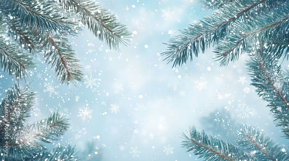 Festive winter holiday background with pine branches and snowflakes for seasonal card design Festive winter holiday background with pine branches and snowflakes for seasonal card design