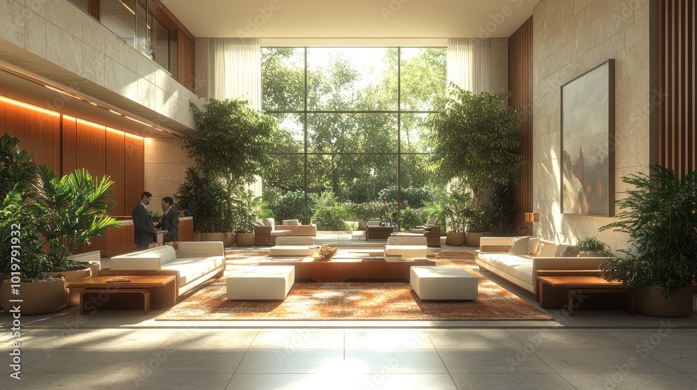 Modern lobby with natural light and greenery for relaxation. Modern lobby with natural light and greenery for relaxation.