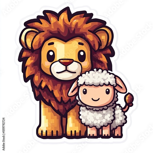 Cartoon Lion and Lamb Standing Side by Side photo