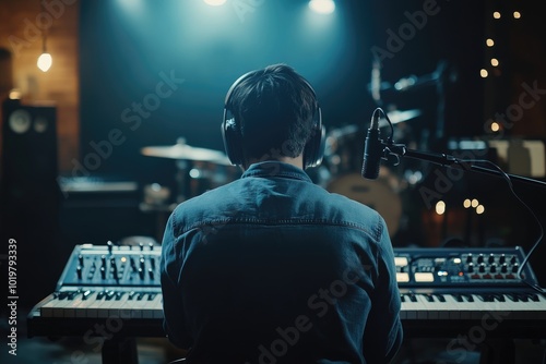 A musician in a recording studio plays a keyboard photo