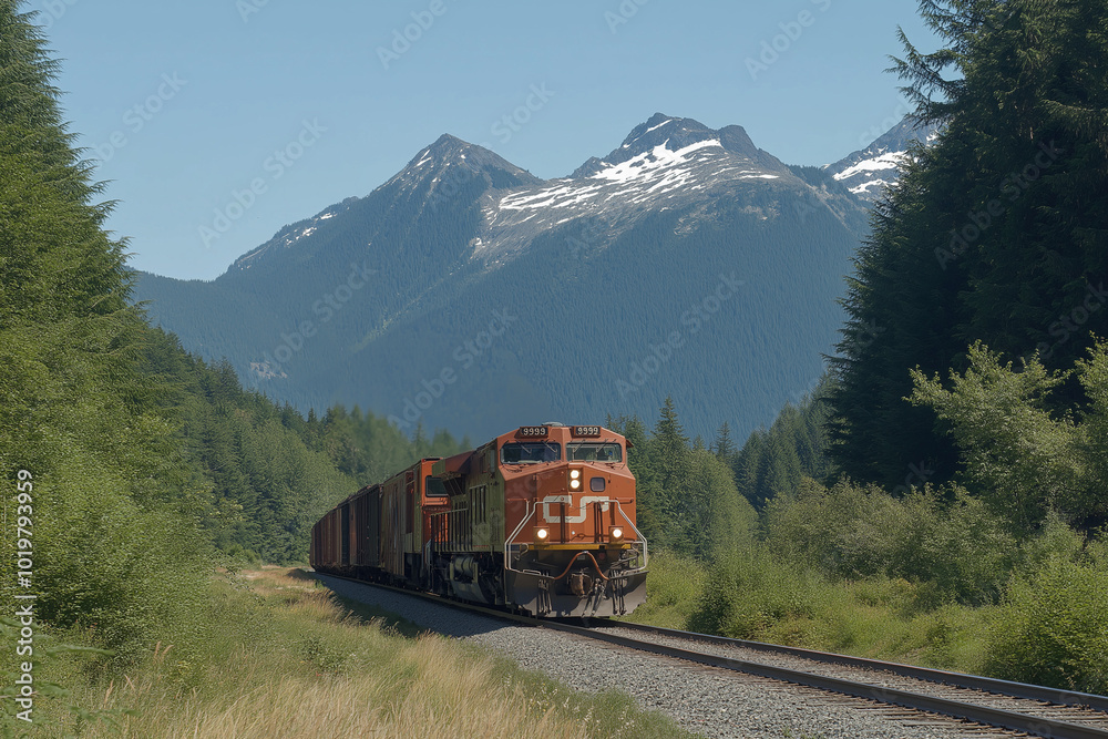 Fast modern train speeding along railroad tracks between coniferous trees and majestic mountains under a clear summer sky, with copy space. Fast modern train speeding along railroad tracks between coniferous trees and majestic mountains under a clear summer sky, with copy space.