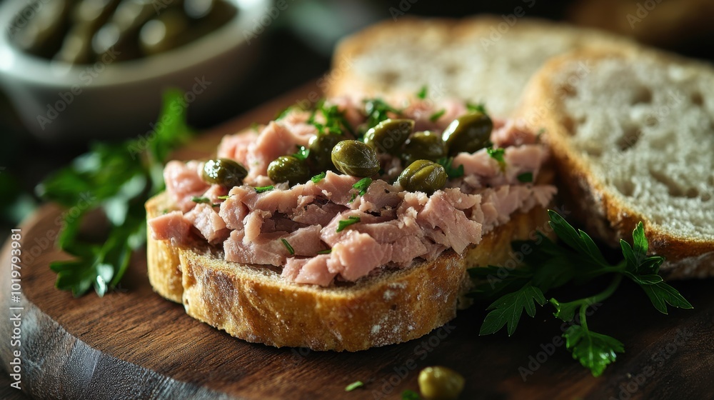 Rustic tuna sandwich with a side of capers and fresh herbs, arranged artfully on a wooden cutting board. Concept of healthy eating and culinary delight. Rustic tuna sandwich with a side of capers and fresh herbs, arranged artfully on a wooden cutting board. Concept of healthy eating and culinary delight.