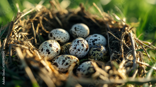 Speckled quail eggs with a rustic farm atmosphere, AI generative... photo