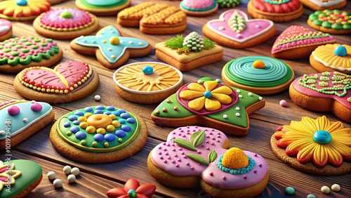 Colorful 3D Cute Cookies - A Delightful Food Photography Scene for Sweet Treat Lovers