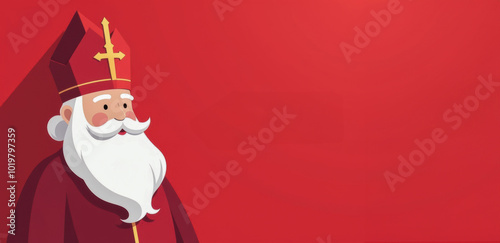 St Nicholas Cartoon Illustration in Traditional Red Bishop Attire with White Beard on Bright Background for Sinterklaas Celebration Concept