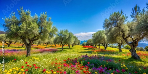 Mediterranean landscape with olive trees, vibrant flowers, and a clear blue sky, Mediterranean, landscape, olive trees