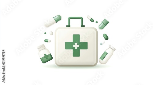 Medical first aid kit with green cross and various healthcare items. Perfect for illustrating emergency or healthcare concepts.