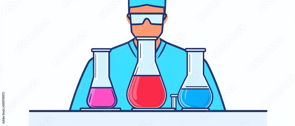 Scientist in a lab with test tubes and flasks filled with colorful liquids, symbolizing research and experimentation.
