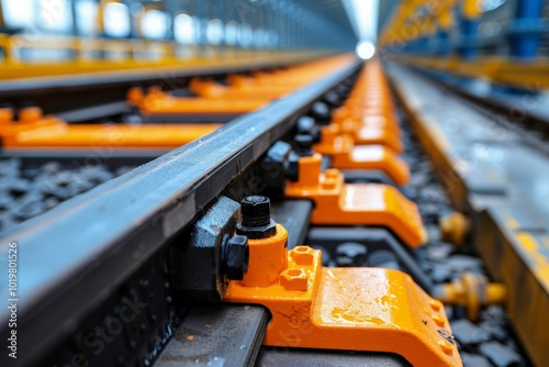 Detailed close-up showcases the intricate parts of vibrant railway tracks, emphasizing the precision and craftsmanship involved in modern rail infrastructure. photo